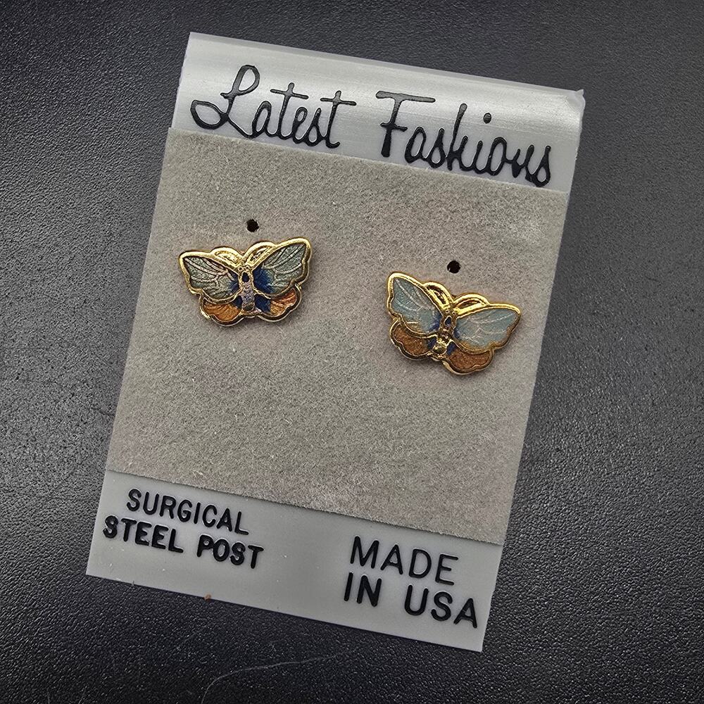 Cloisonne Enamel Butterfly Stud Earrings Vintage 1980s NOS On Card NWT